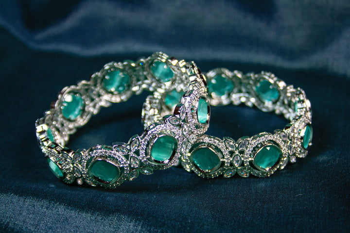 Elegant Emerald Green Stone Bangles with Sparkling Zircon Detailing