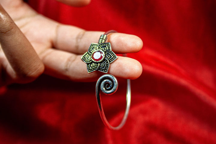 Bohemian Oxidized Silver Floral Cuff Bracelet
