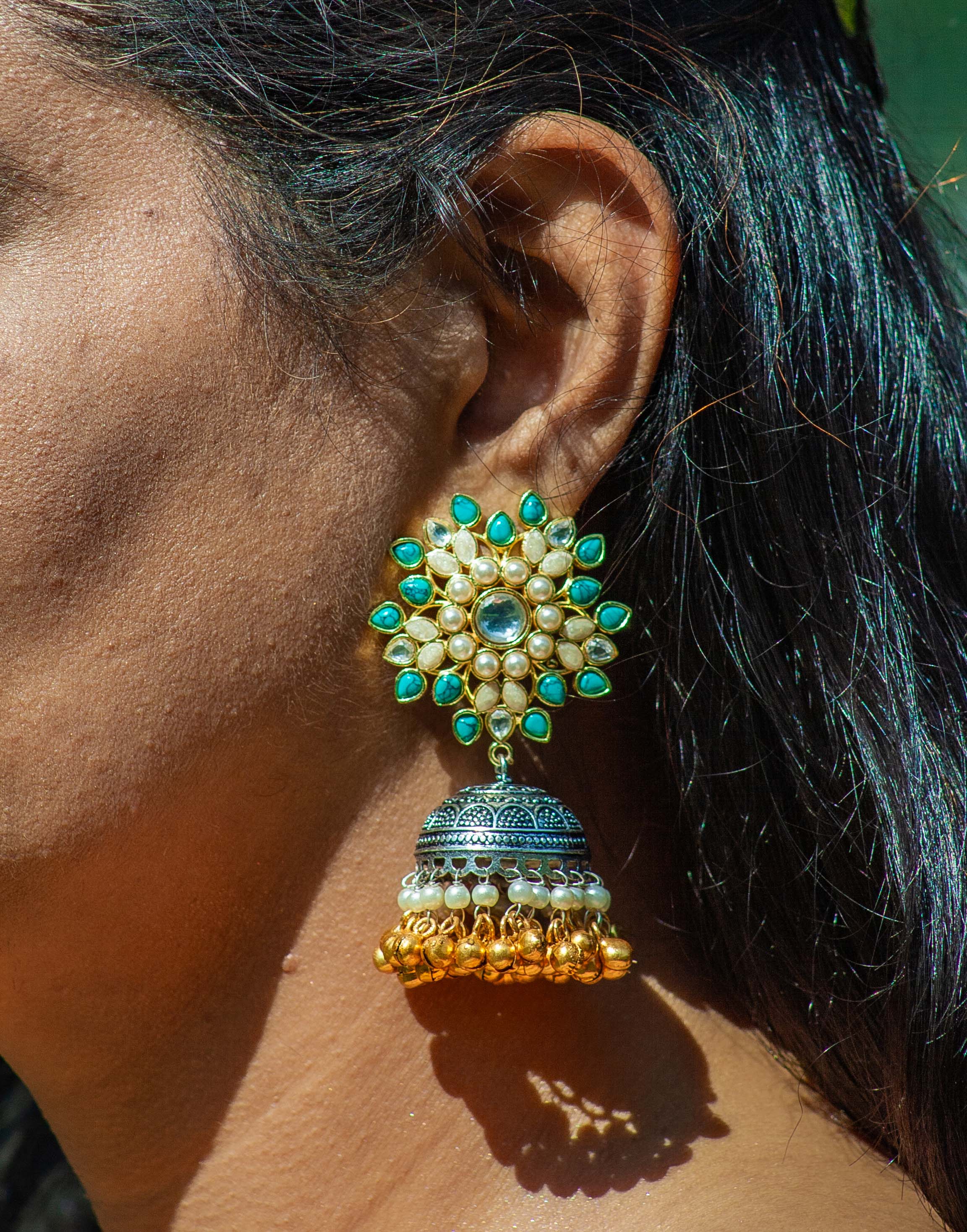 Regal Kundan & Emerald Jhumka Earrings