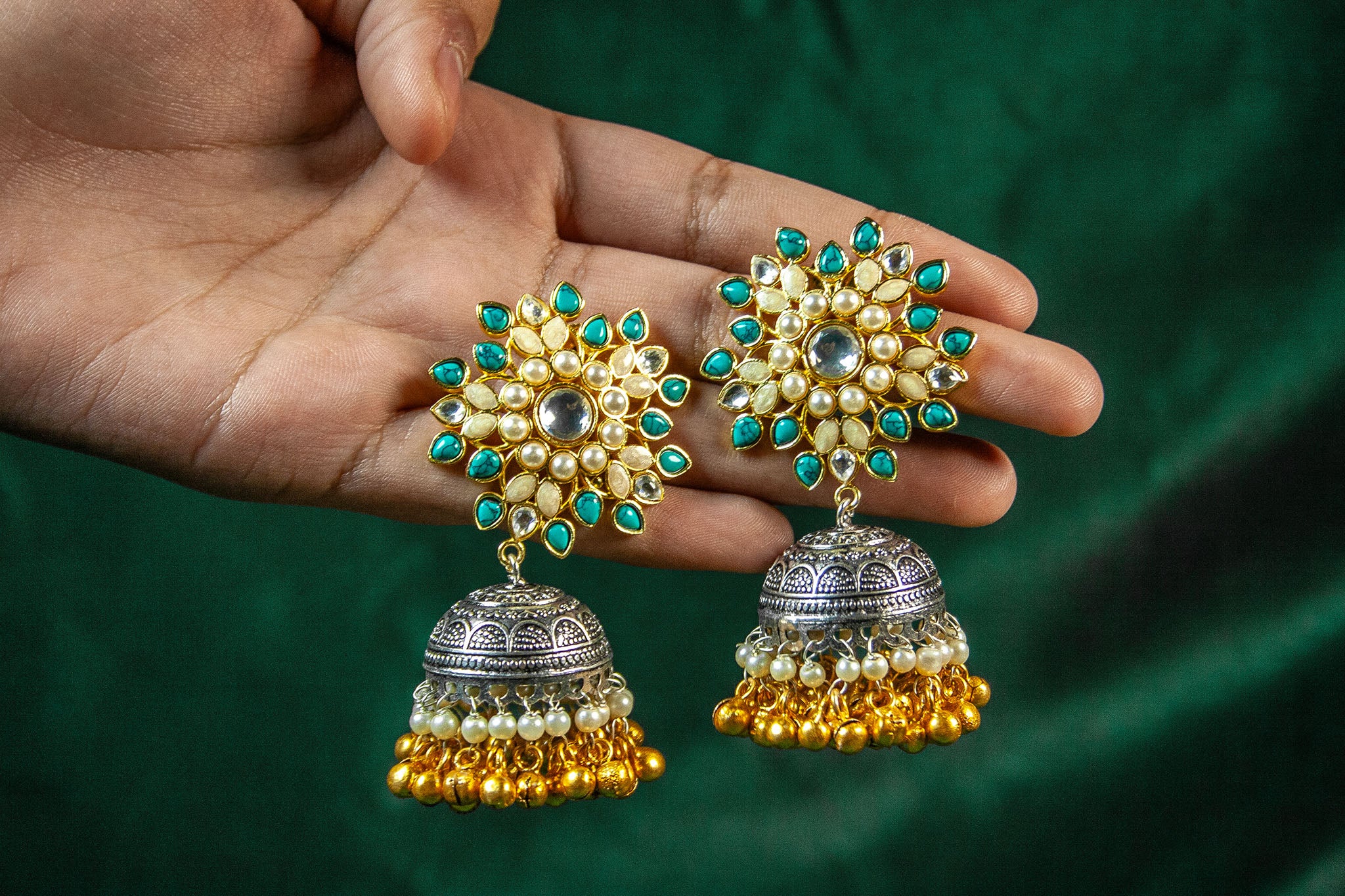 Regal Kundan & Emerald Jhumka Earrings