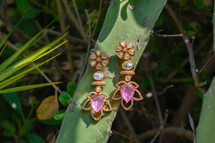 Gold and Lotus Bloom Kundan Earrings with Pink Teardrop Stones