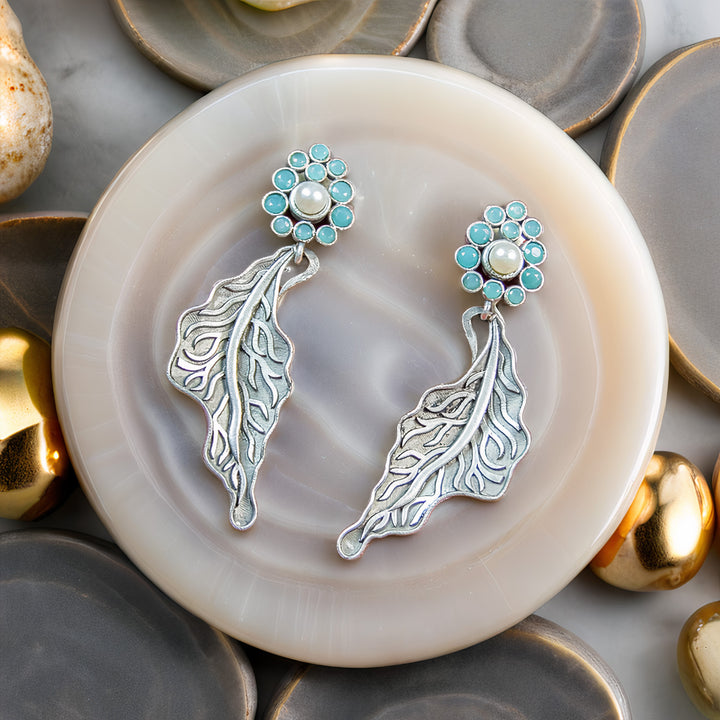 Artistic Silver Leaf Drop Earrings – Pearl & Turquoise Accents