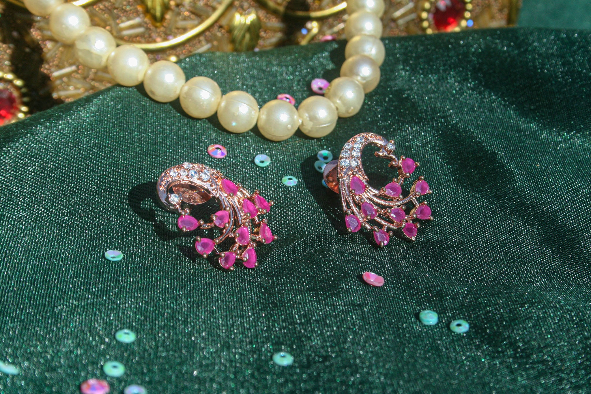 Elegant Ruby & CZ Floral Stud Earrings