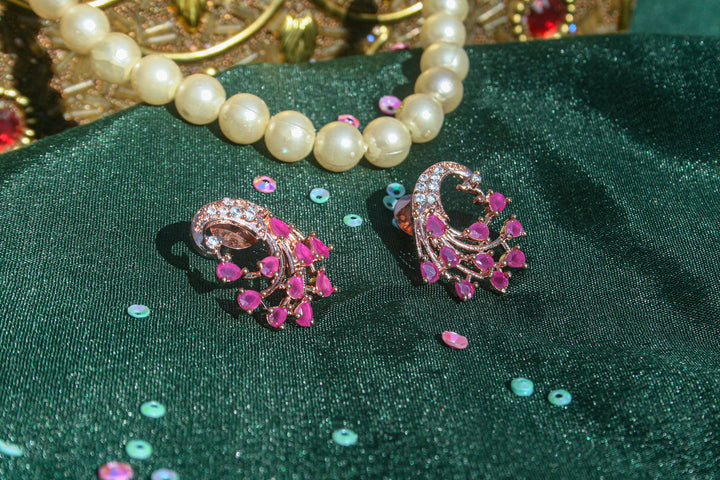 Elegant Ruby & CZ Floral Stud Earrings