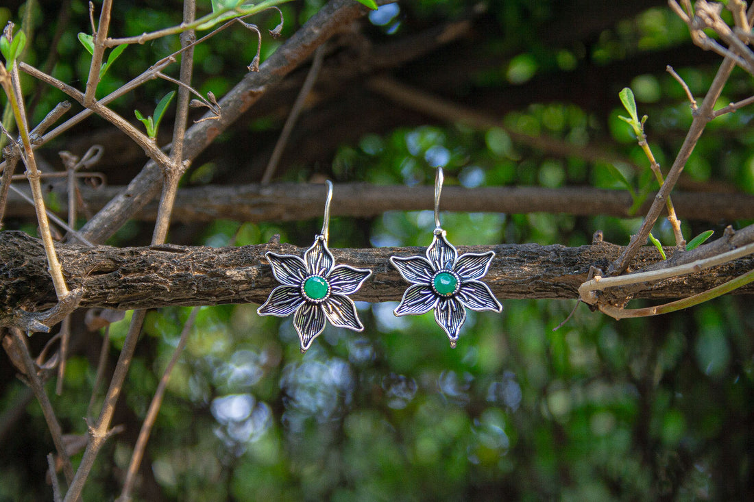 Bohemian Oxidized Silver Floral Earrings – Green Stone Accent