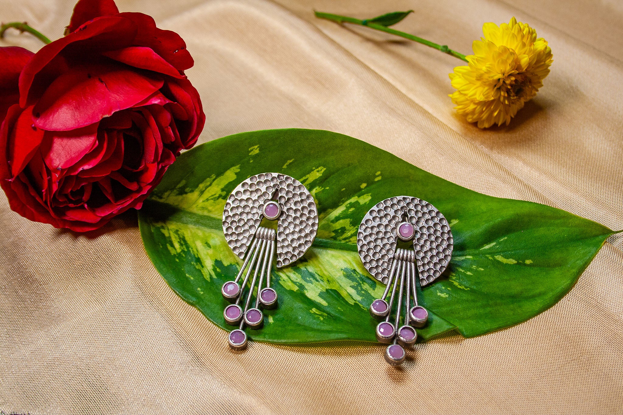 Contemporary Oxidized Silver Dangle Earrings – Textured Disc with Purple Stones