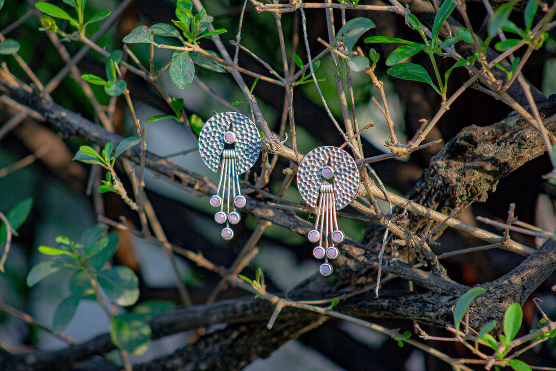 Contemporary Oxidized Silver Dangle Earrings – Textured Disc with Purple Stones