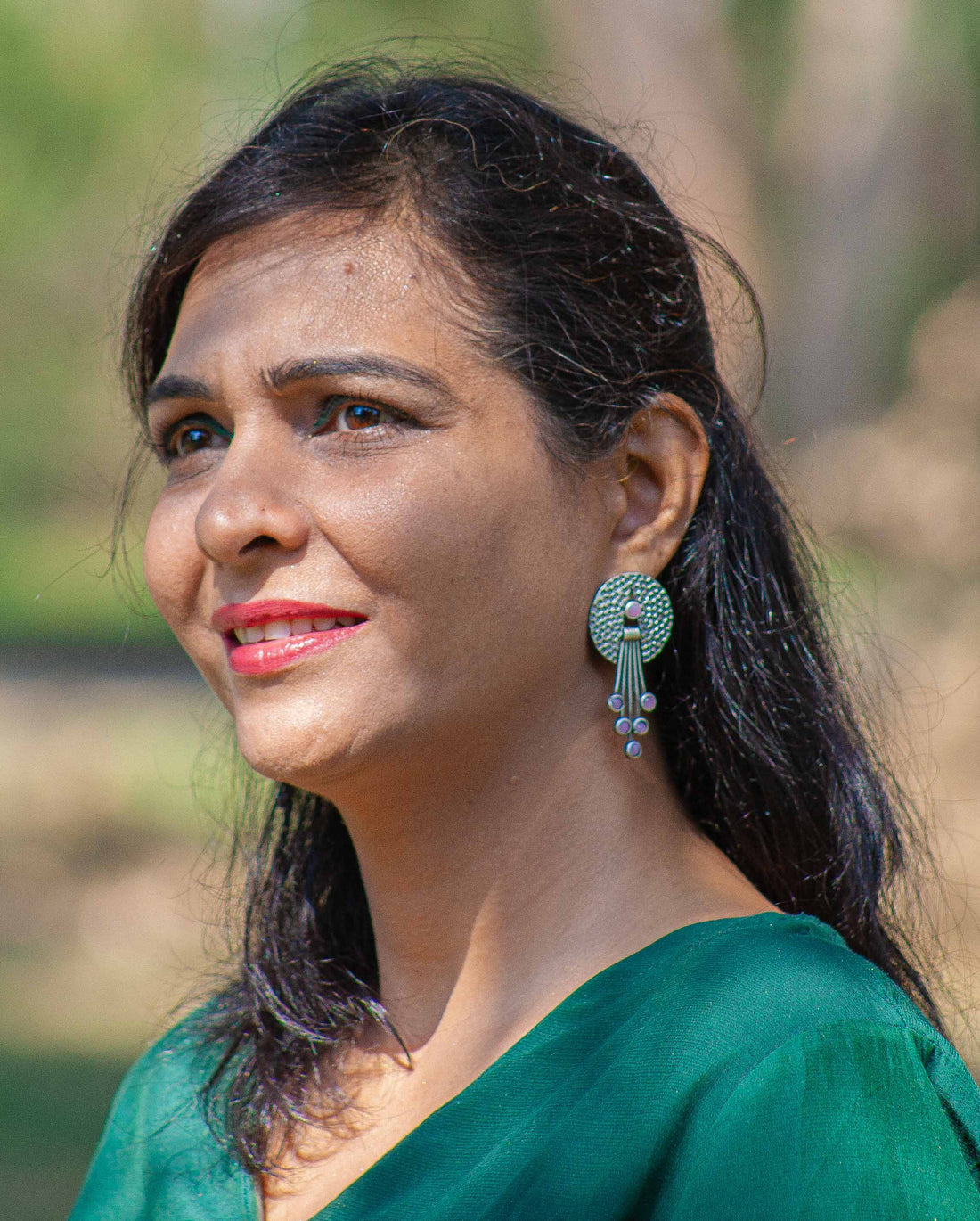 Contemporary Oxidized Silver Dangle Earrings – Textured Disc with Purple Stones