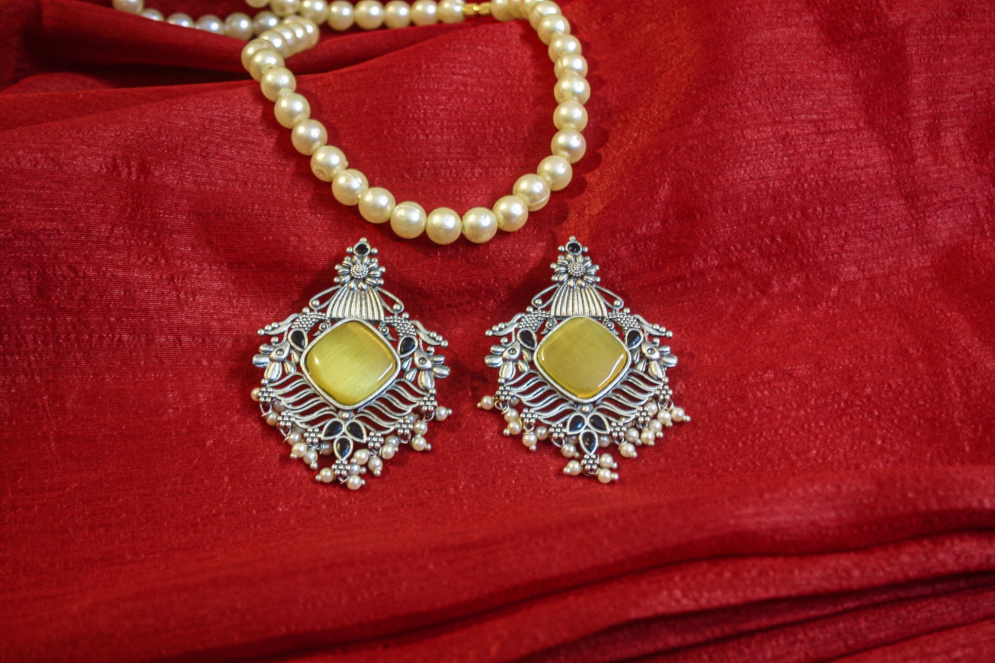 Antique Oxidized Silver Earrings – Yellow Stone & Pearl Drops