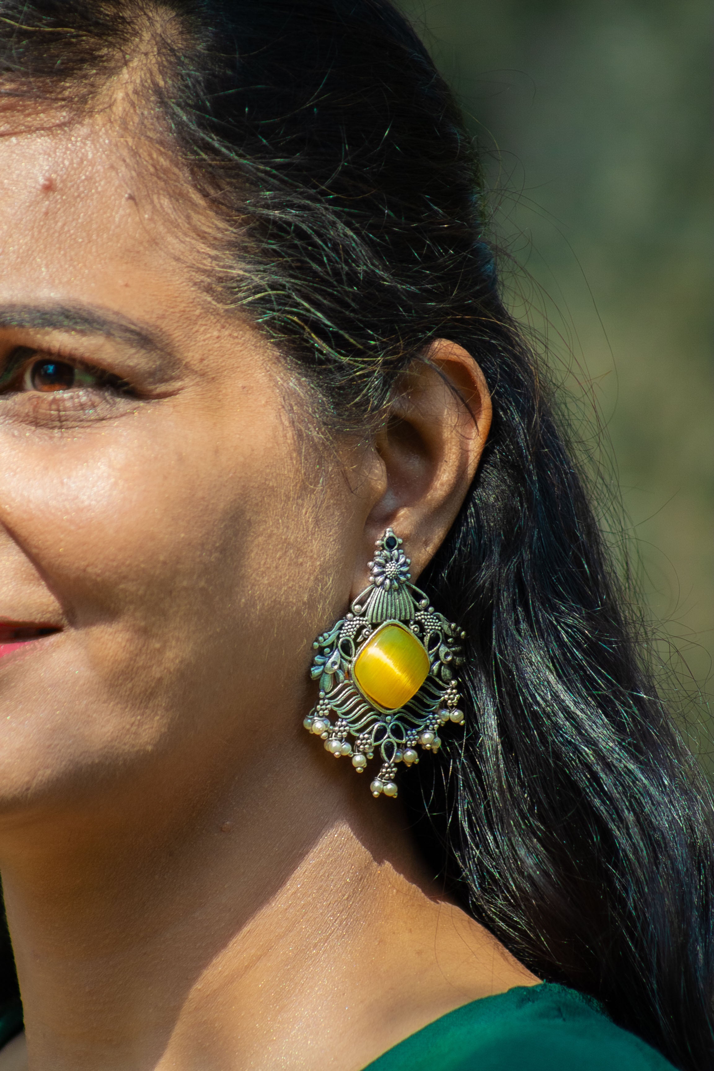 Antique Oxidized Silver Earrings – Yellow Stone & Pearl Drops