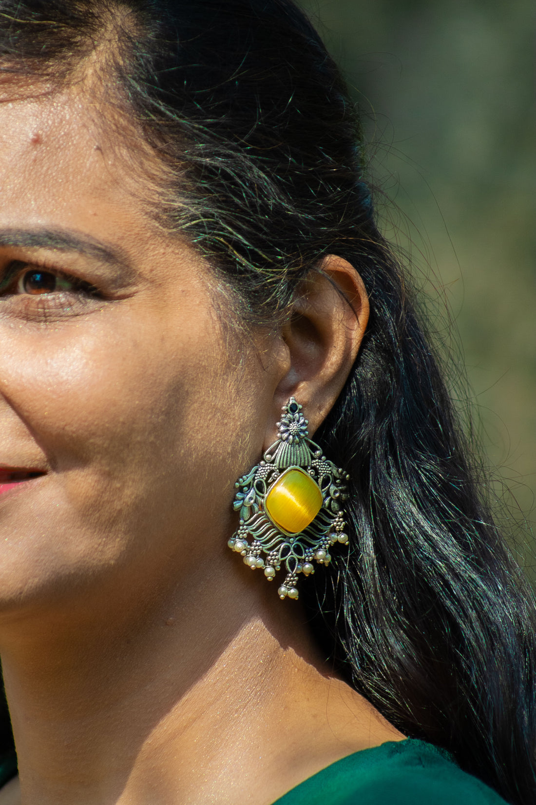 Antique Oxidized Silver Earrings – Yellow Stone & Pearl Drops