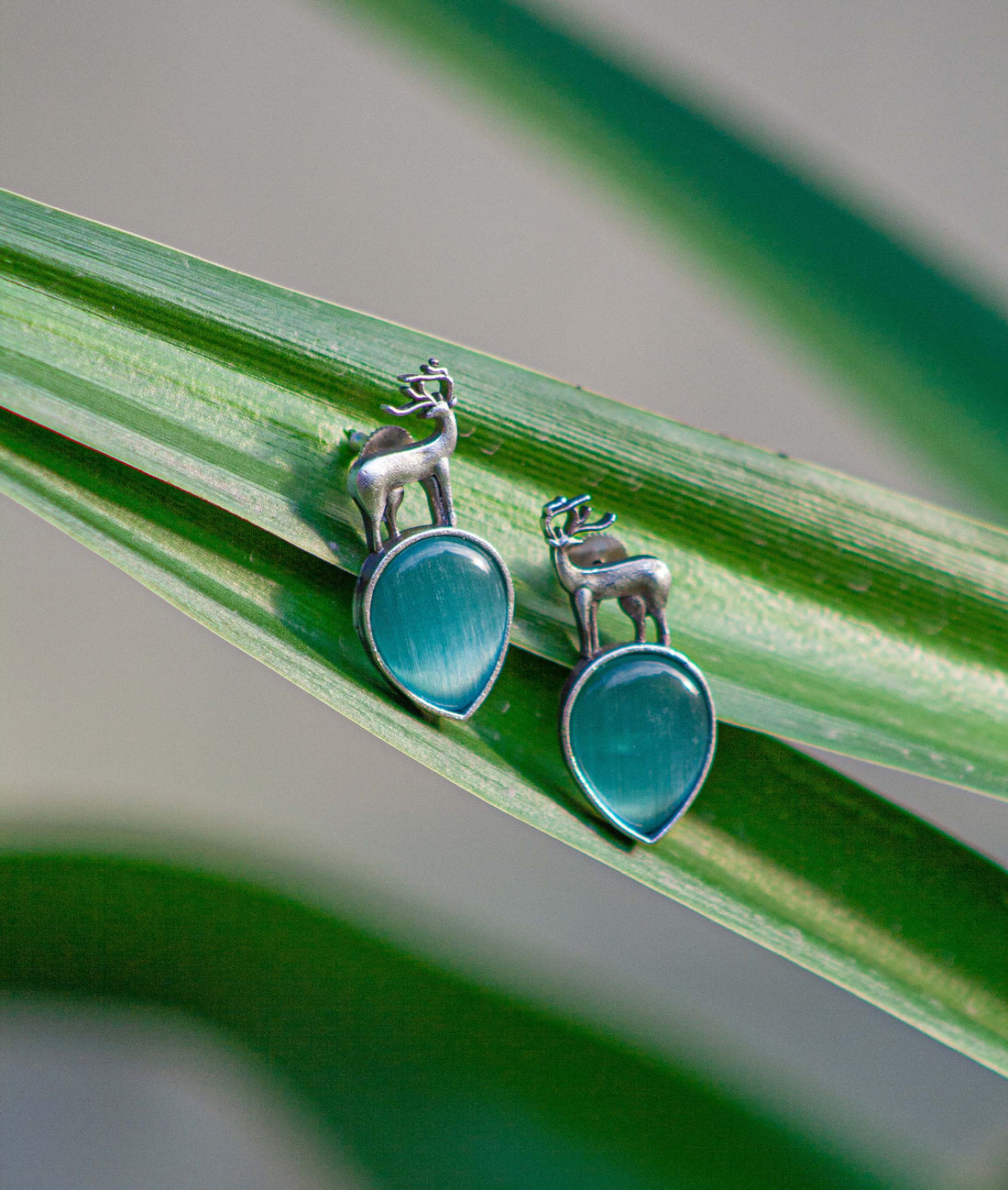 Antique Silver Deer Earrings with Teal Blue Gemstone