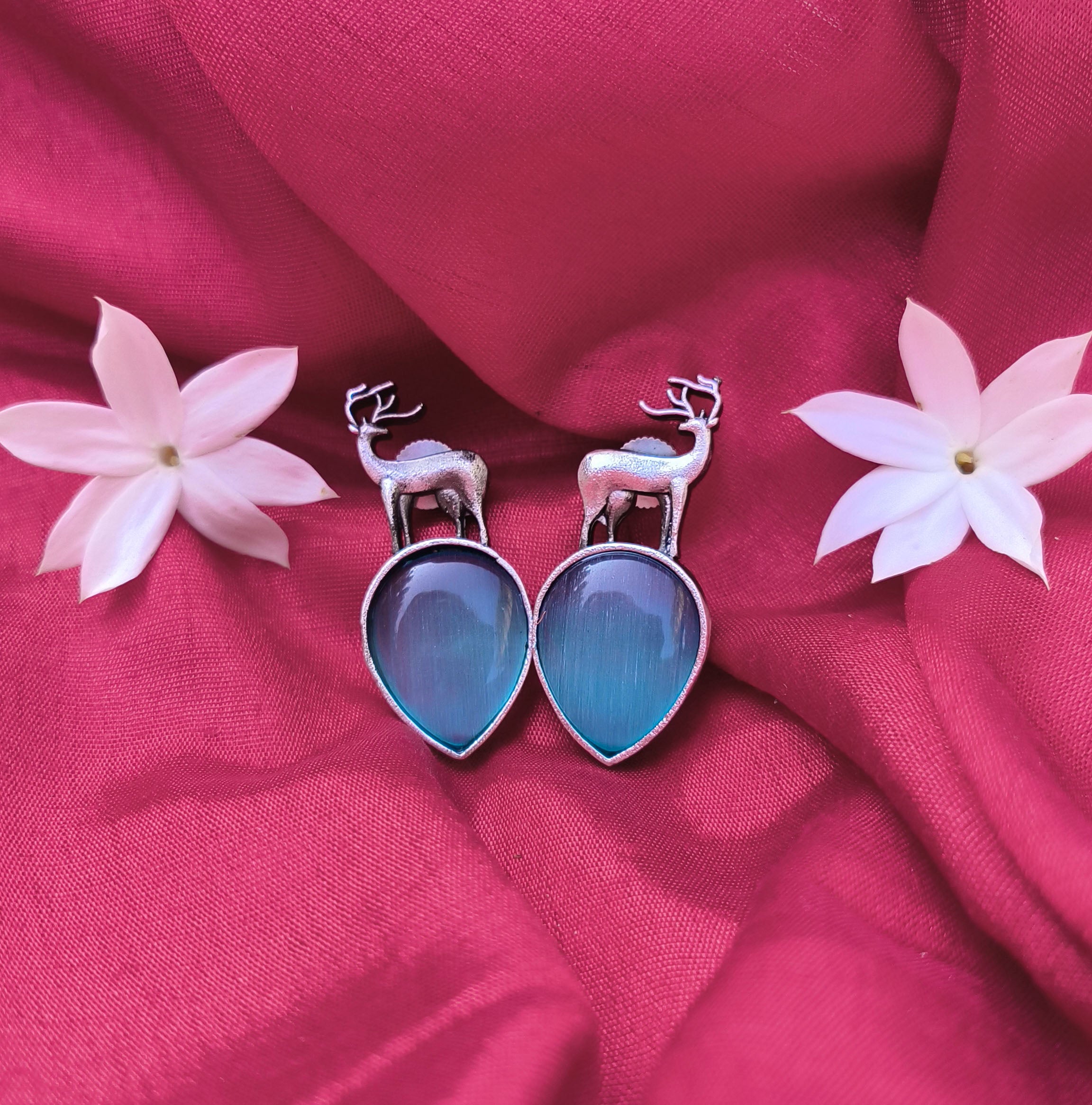 Antique Silver Deer Earrings with Teal Blue Gemstone
