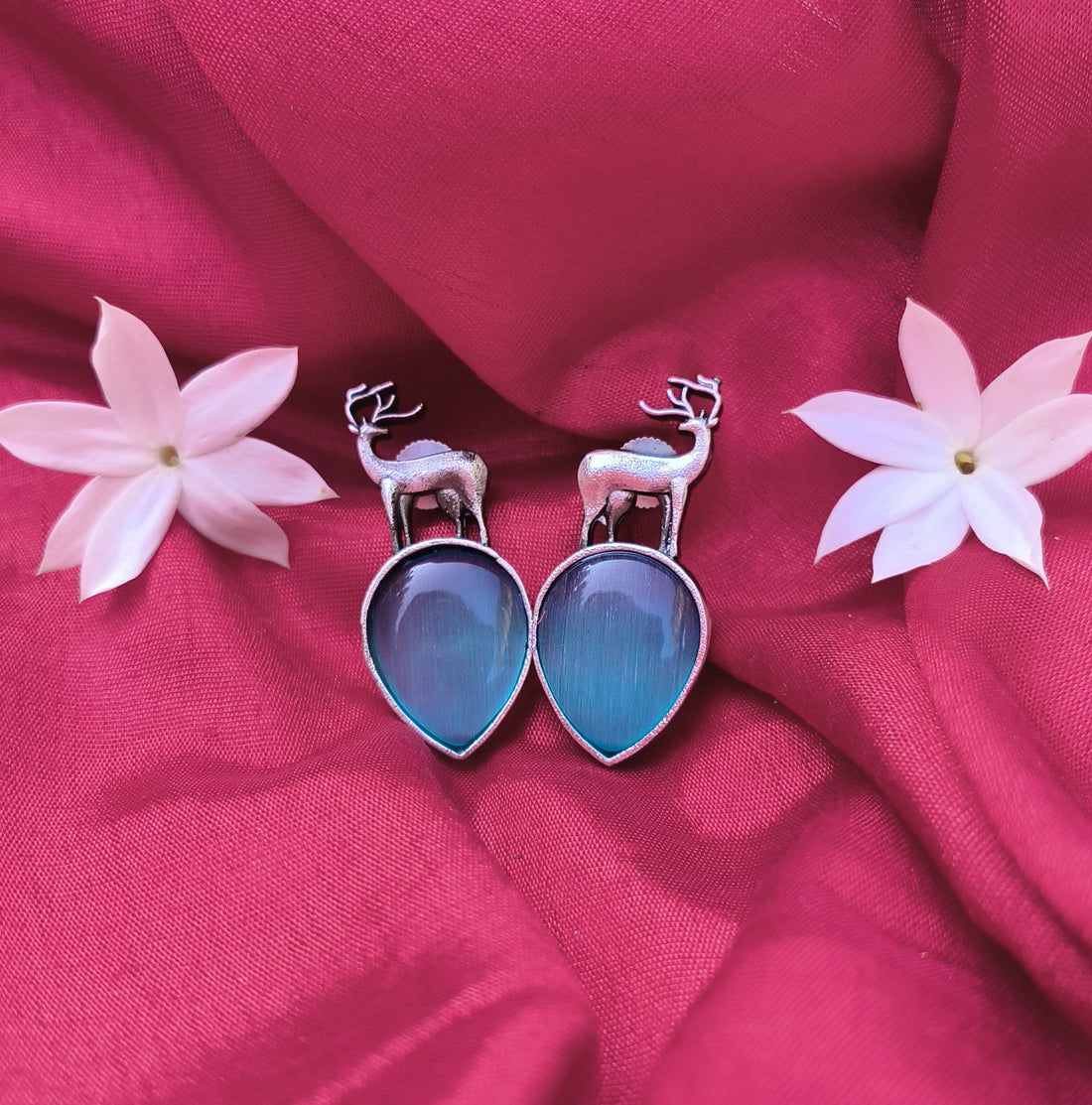 Antique Silver Deer Earrings with Teal Blue Gemstone