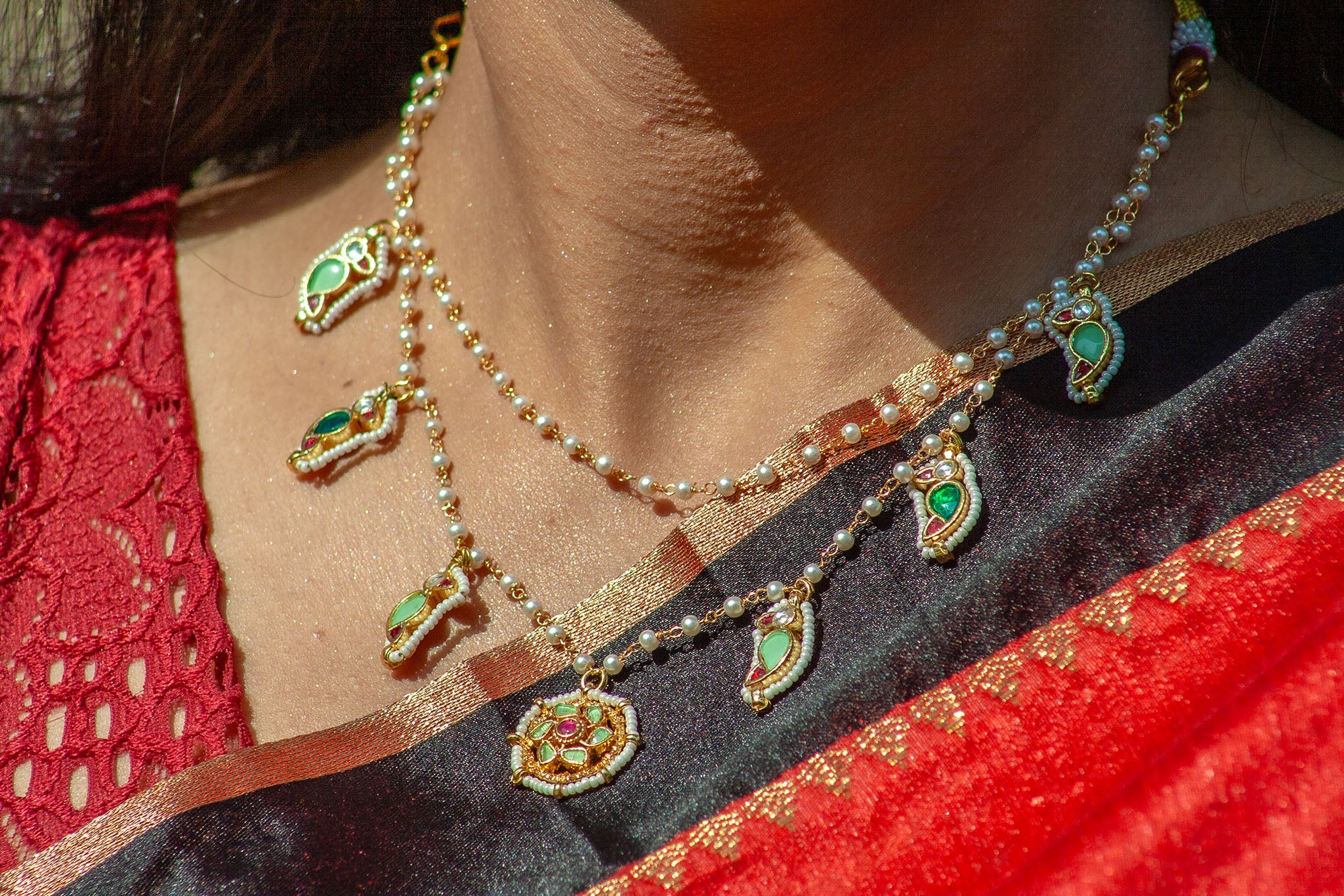 Elegant Pearl & Meenakari Paisley Necklace Set