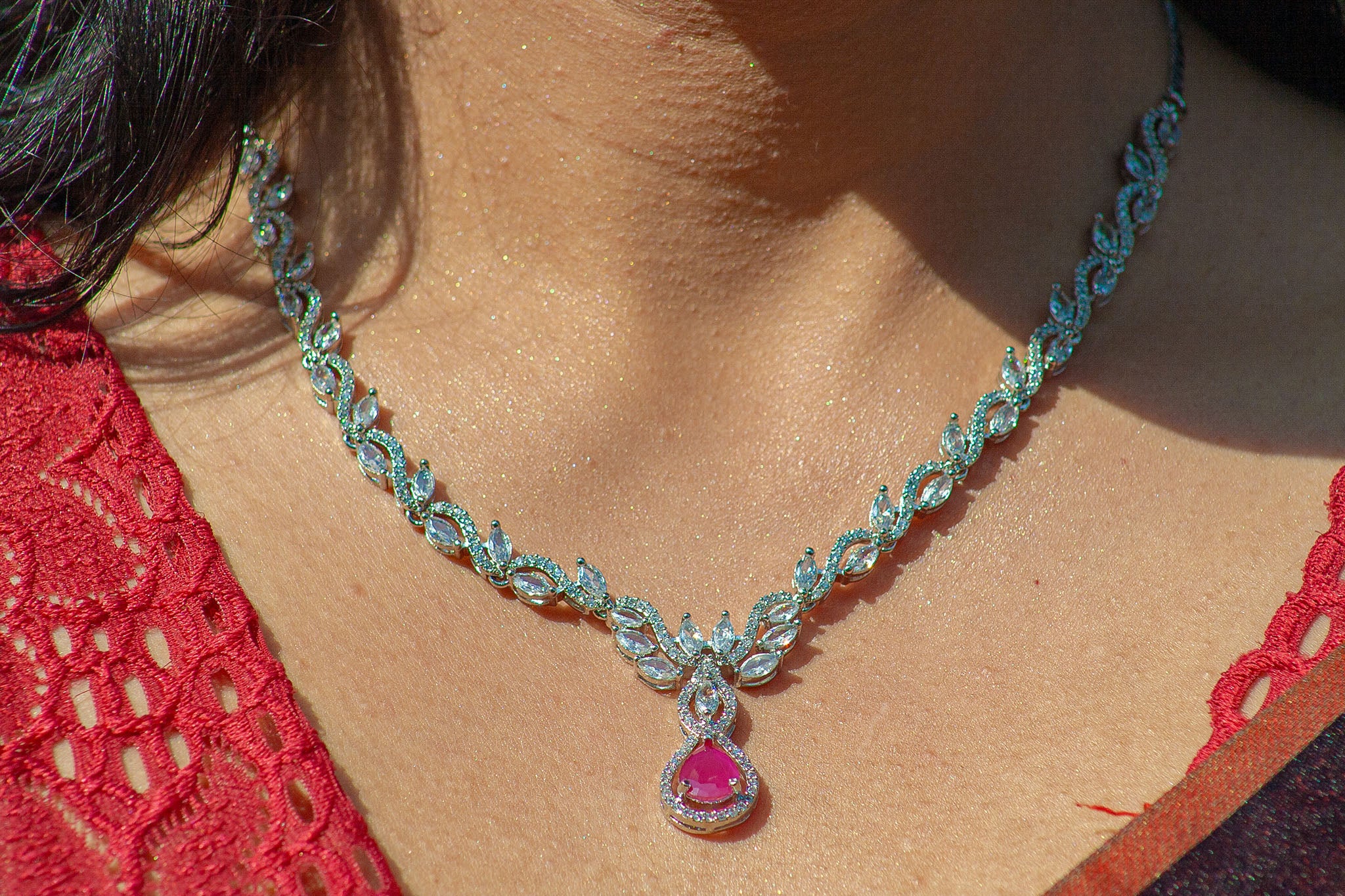 Dazzling Zircon & Ruby Pendant Necklace Set